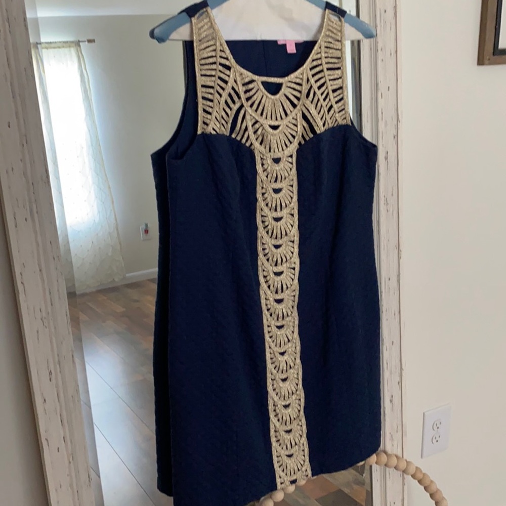 Lilly Pulitzer Navy Blue Midi Dress with Cream Crochet Trim